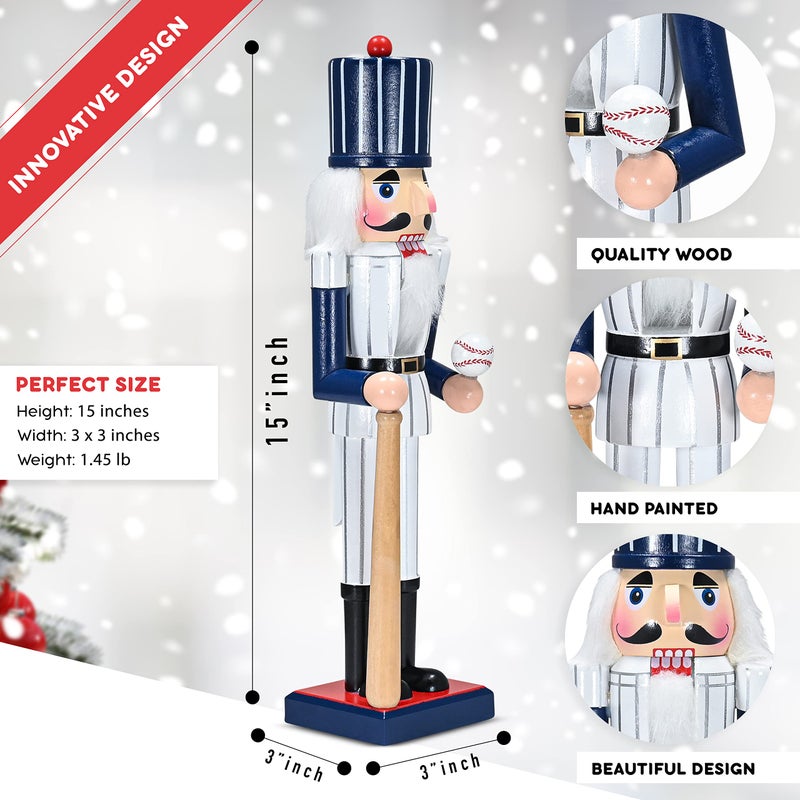 Ornativity Christmas Baseball Player Nutcracker - Baseball Player Figure with White Pin Stripe Uniform and Bat Xmas Sports Holiday Decor Nutcracker 15" - Image 5